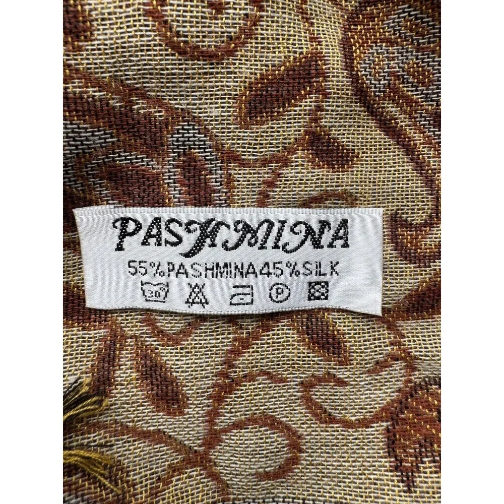 Pashmina Silk Blend Shawl or Wrap, Paisley Brown Tan Gold, Fringe ~28x70